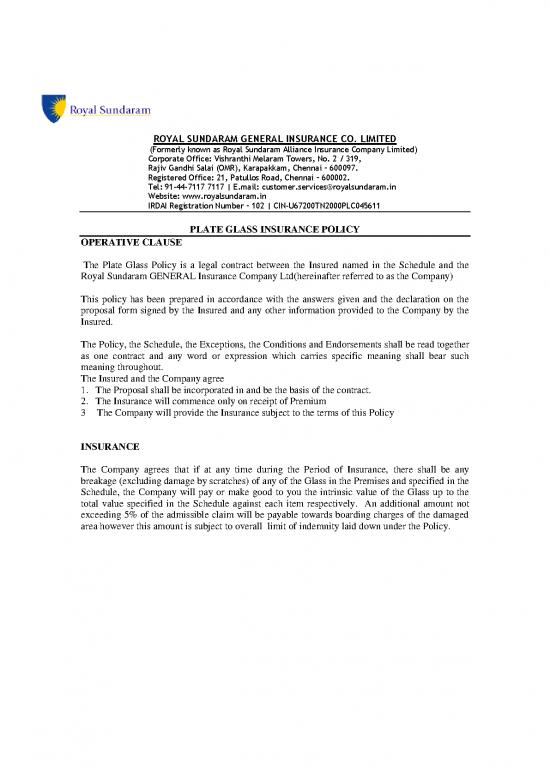 picture General Insurance Pdf 44315 | Plate Glassinsurance Policy Wording