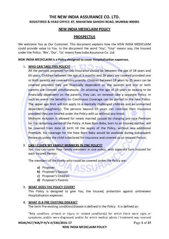 picture Insurance Pdf 44001 | Prospectus New India Mediclaim Policy 1