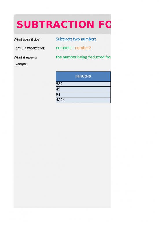 picture_Subtraction Formula In Excel Sheet 46538 | Subtraction Formula