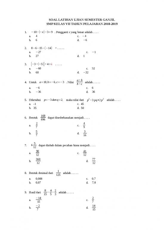 picture Soal Ujian Kelas 7 Smp - Soal Latihan Ujian Semester Ganjil Matematika
