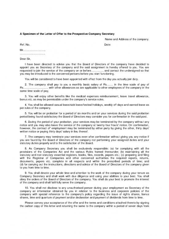 picture1_Letter Pdf 48717 | A Specimen Of The Letter Of Offer To The Prospective Company Secretary