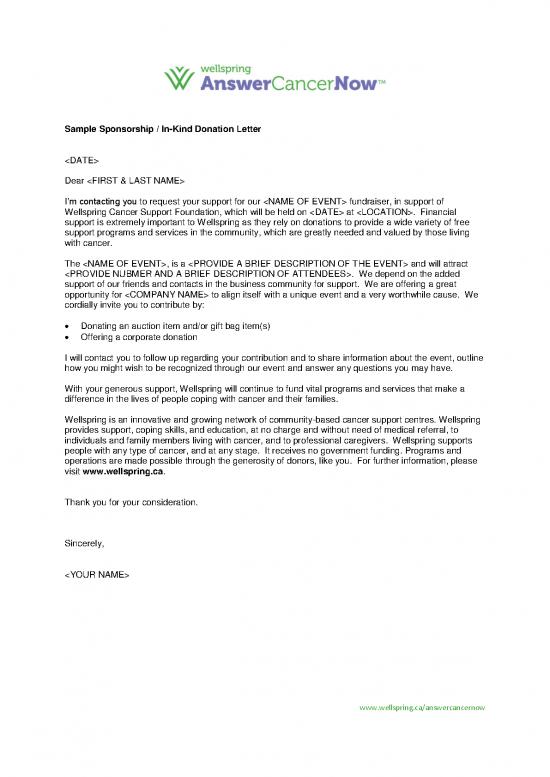 picture Letter Pdf 48334 | Answercancernow Sample In Kind Donation Letter