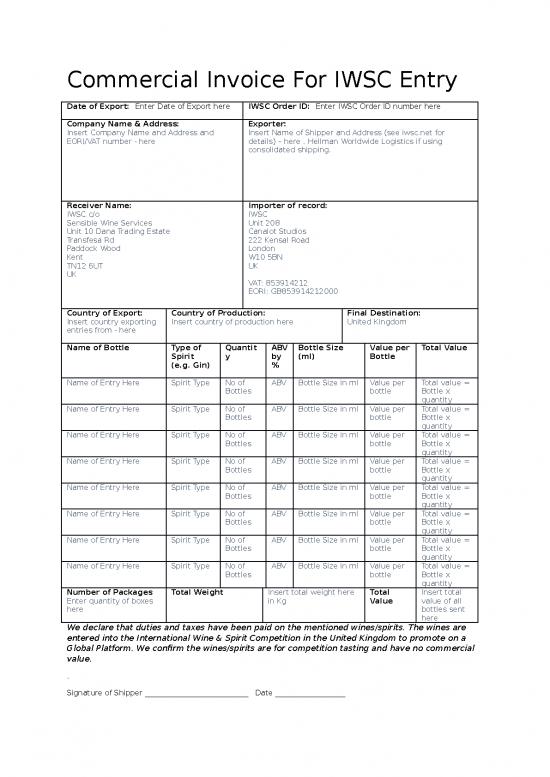 picture Invoice Template Word 47395 | Commercial Invoice For Iwsc Entry Spirit