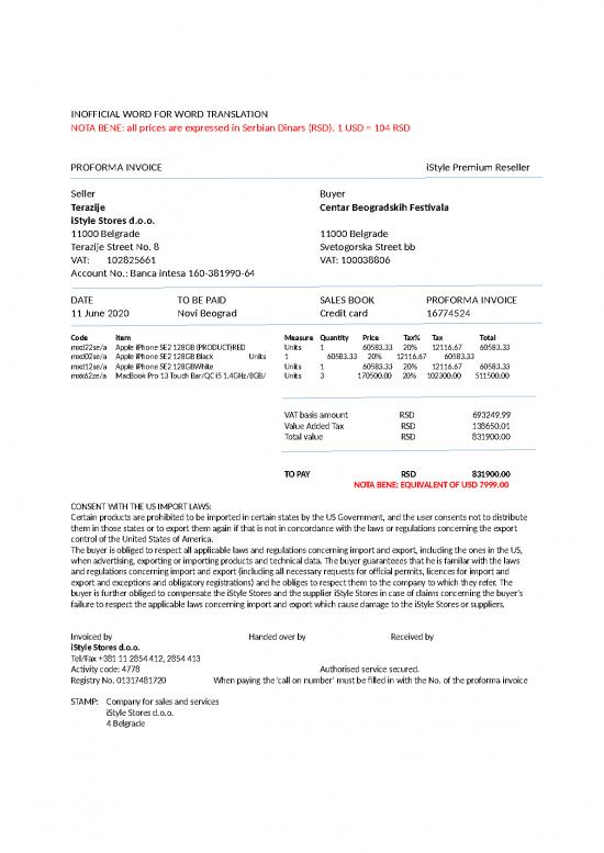picture Invoice Template Word 47222 | Inofficial Translation   Proforma Invoice 1