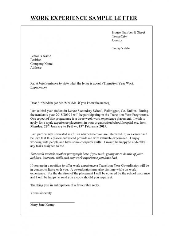 picture Letter Pdf 48844 | Sample Letter To Apply For Work Experience