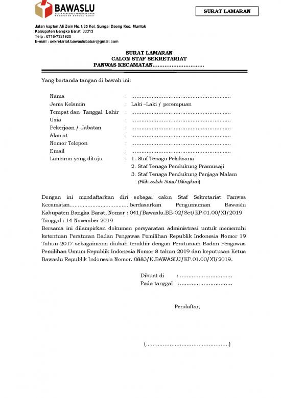 picture_Lamaran Kerja Pdf 57760 | Form Rekrutmen Staf Sekretariat Panwascam 2019