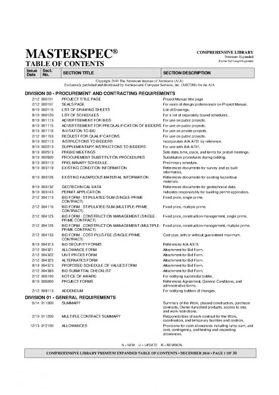 picture Masterspec Table Of Contents 84154 | Masterformat 2014 Toc