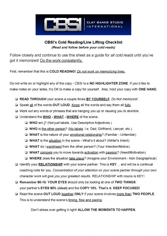 picture Cold Reading Pdf 87452 | Cold Read Prep Checklist