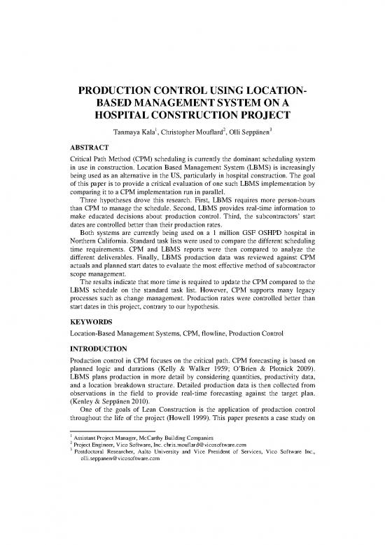 picture Critical Path Method Construction Example Pdf 87666 | Kala Et A  2012   Production Control Using Location Based Management System On A Hospital Construction Project