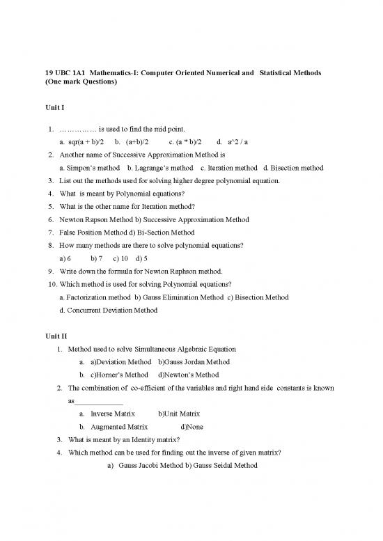 picture Computer Oriented Statistical Methods 90286 | Bca 19 Ubc 1a1 Mathematics I Computer Oriented Numerical And Statistical Methods