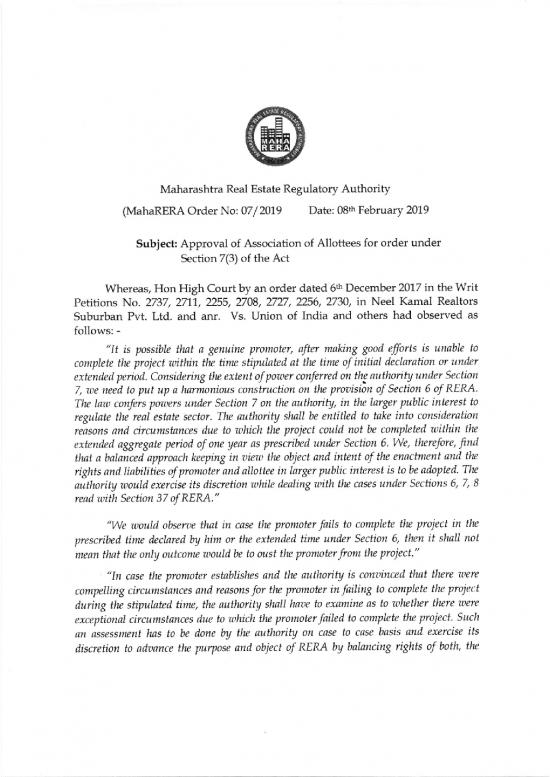 picture Rera Act Pdf 94961 | Approval Of Association Of Allottees For Order Under 7(3)