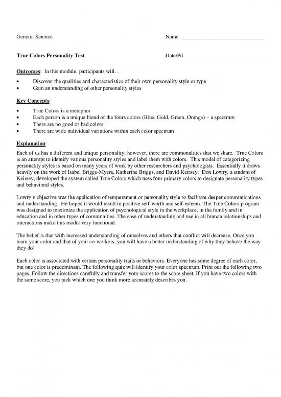picture Personality Pdf 96659 | True Colors Personality Test     Student