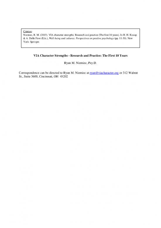 picture Via Character Strengths Pdf 96765 | Via Research  Practice   First 10 Years (niemiec 2013)