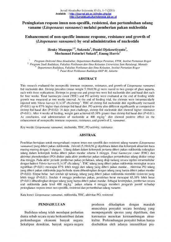 picture Pertanian Pdf 9458 | Respons Imun Non Spesifik Resistensi Dan Pertumbuhan Udang Vaname Litopenaeus Vannamei Melalui Pemberian Pakan Nukleotida | Pertanian Dan Peternakan