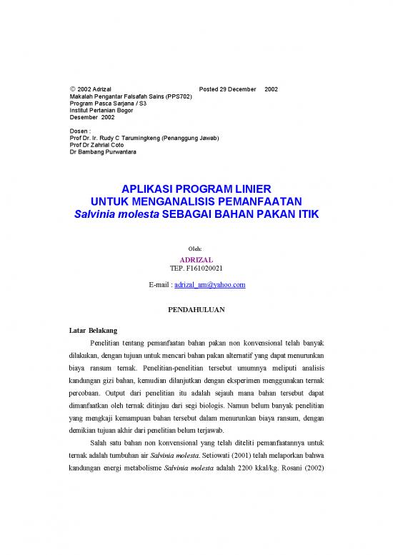 picture Makalah Pdf 9590 | P Aplikasi Program Linier Untuk Menganalisis Pemanfaatan Salvinia Molesta Sebagai Bahan Pakan Itik | Pertanian Dan Peternakan