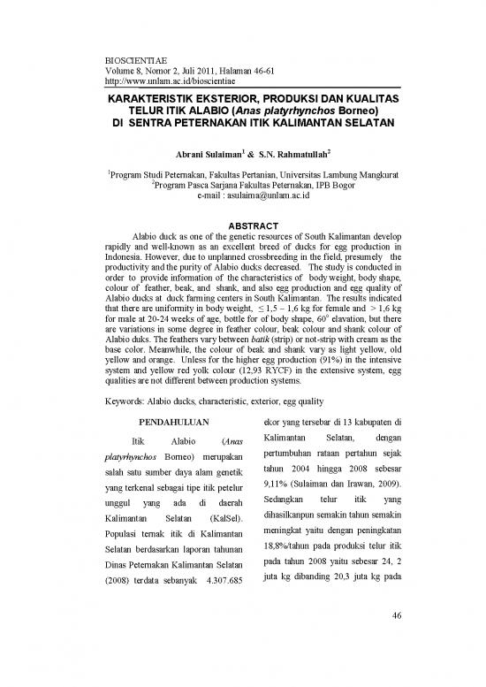 picture_Pertanian Pdf 9593 | P Karakteristik Eksterior  Produksi Dan Kualitas Telur Itik Alabio  Anas Platyrhynchos Borneo  Di Sentra Peternakan Itik Kalimantan Selatan | Pertanian Dan Peternakan