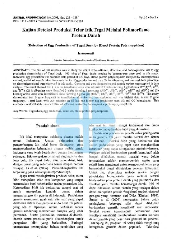picture Research Pdf 9596 | P Kajian Deteksi Produksi Telur Itik Tegal Melalui Pslimorfisme Protein Darah | Pertanian Dan Peternakan