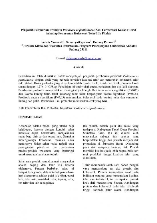 picture_Penelitian Pdf 9601 | P Pengaruh Pemberian Probiotik Pediococcus Pentosaceus Asal Fermentasi Kakao Hibrid Terhadap Penurunan Kolesterol Telur Itik Pitalah | Pertanian Dan Peternakan