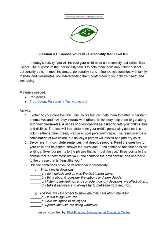 picture Personality Pdf 97220 | Session 1 Personality Test K 2