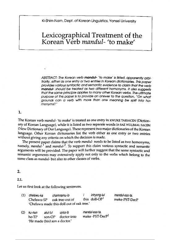 picture Language Pdf 100807 | 009 Ki Shim Nam  Lexicographical Treatment Of The Korean Verb Mandul  To Make