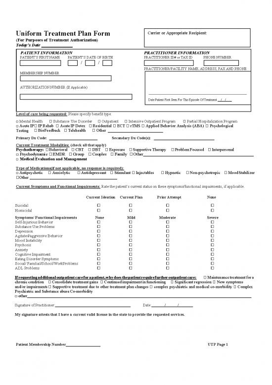 picture Psychotherapy Treatment Plan Template Pdf 110372 | Uniform Treatment Plan Form