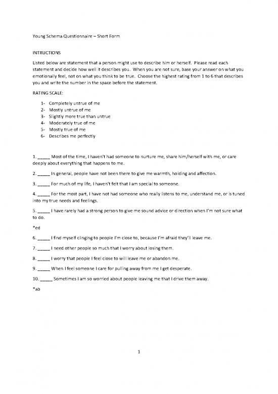 picture Schema Therapy Questionnaire Pdf 110041 | Ysq S2