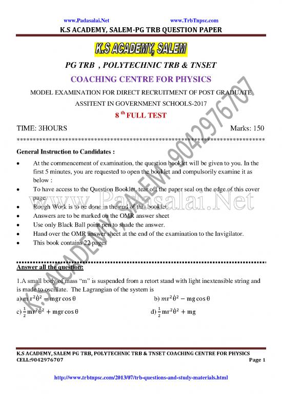 picture Trb Question Paper 117921 | 281 Pgtrb Physics Study Material Model Test 8