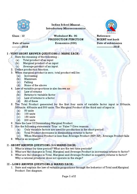 picture Economics Pdf 119233 | Class Xii Microeconomics Worksheet No 6 Production 2018 19