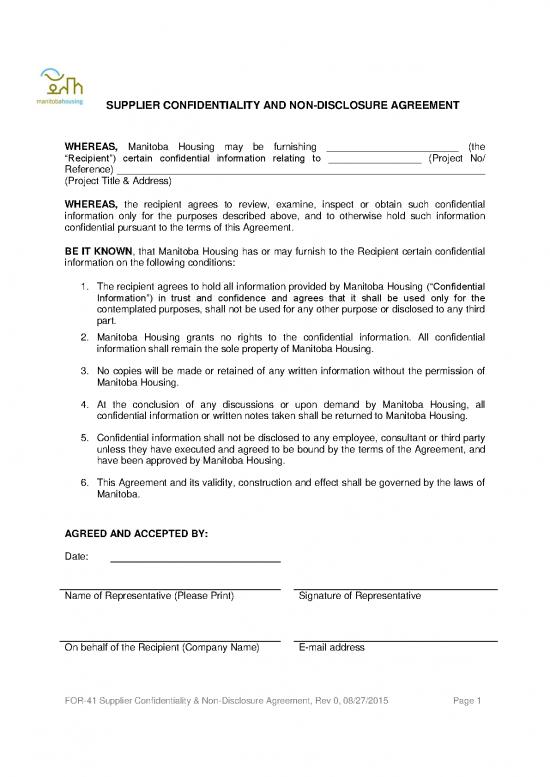picture_Agreement Sample 121803 | For 41 Supplier Confidentiality Agreement And Non Disclosure Agreement