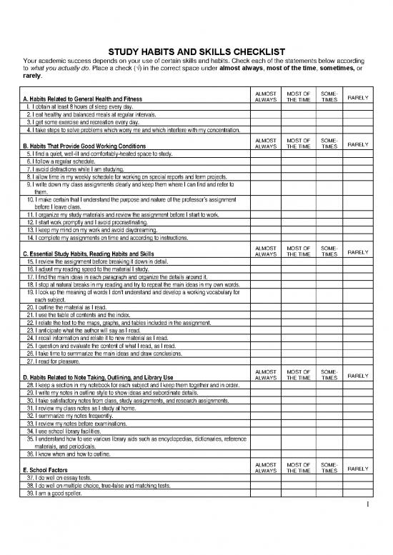 picture Study Habits Pdf 121809 | Study Habits And Skills Checklist With Scoring
