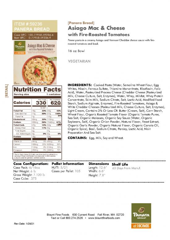 picture Nutrition Facts Pdf 136412 | Panera 16oz Paneramac Asiago