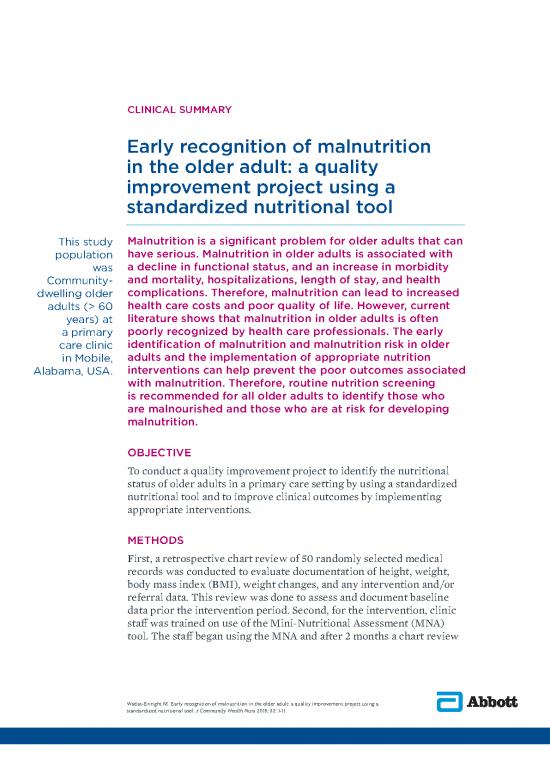 picture Nutrition For Adults Pdf 138282 | Clinical Summary Early Recognition Of Malnutrition In The Older Adult