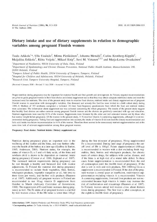 picture1_Nutrition Epidemiology Pdf 138682 | Dietary Intake And Use Of Dietary Supplements In Relation To Demographic Variables Among Pregnant Finnish Women