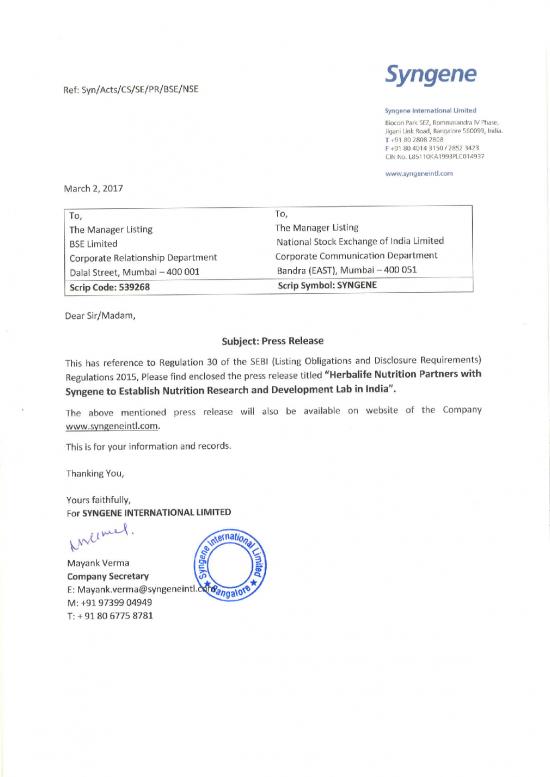 picture Herbalife Nutrition Pdf 139725 | Syngene Herbalife Pressrelease2017