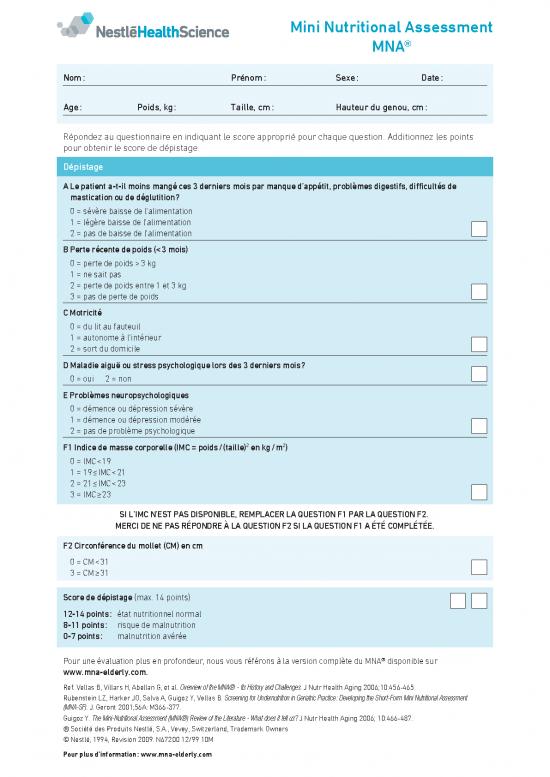picture_Nutritional Assessment Questionnaire Pdf 143133 | Formulaire Nestle Mna Mini Nutritional Assessment