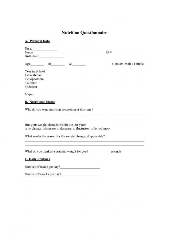 picture Nutritional Status Questionnaire Pdf 144466 | Nutrition Questionnaire