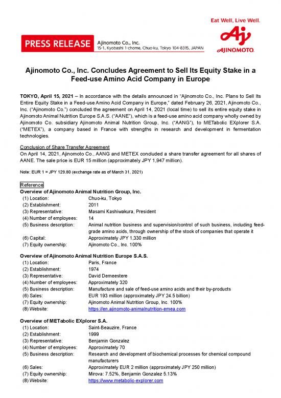 picture1_Nutrition Therapy Pdf 147825 | Ajinomoto C In Concludes Agreement To Sell Its Equity Stake In A Feed Use Amino Acid Company In Europe