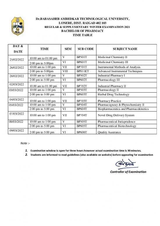 picture_Pharmacy Pdf 153461 | B Pharmacy Winter Exam Time Table 21 22 Final