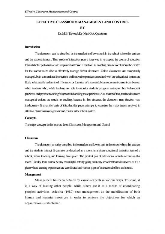 picture Classroom Management Pdf 156068 | Effective Classroom Management And Control Taiwo Mb Opakunle Ao Conf
