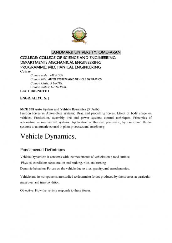 picture Dynamics Pdf 157994 | Mce 538 Lecture Note Auto System And Vehicle Dynamicsdocx