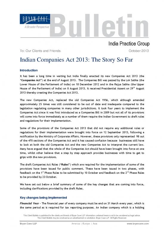 picture_Companies Act 2013 Pdf 161824 | Bryan Cave Bulletin Indian Companies Act 2013 The Story So Far O