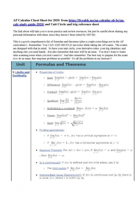picture Calculus Pdf 169058 | Cheat Sheet For 2020 Exam