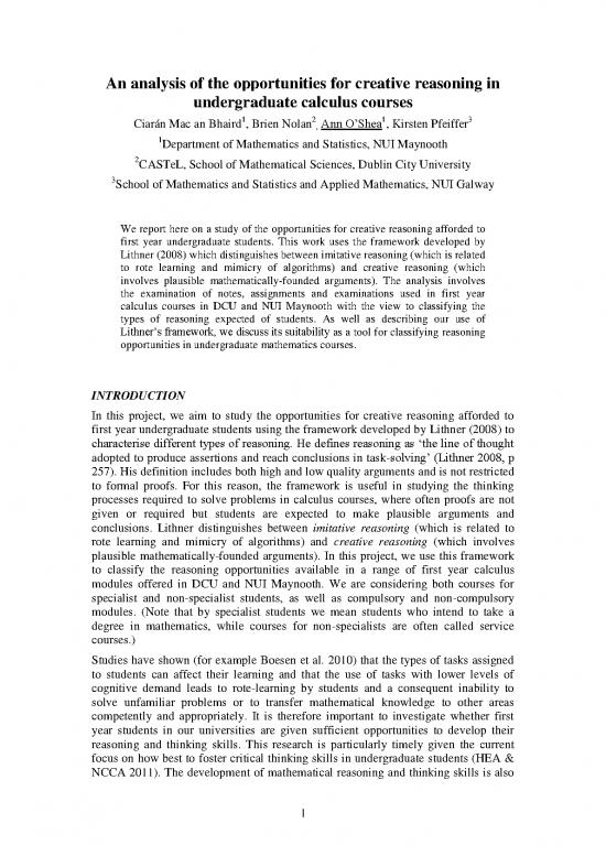 picture First Year Calculus Notes 171396 | Cmacanbhaird Analysis Of Opportunities For Creative Reasoning In Undergraduate Calculus Course