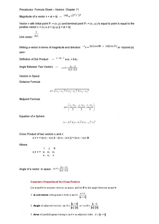 picture1_Precalculus Pdf 169832 | Vectors Formula Sheet