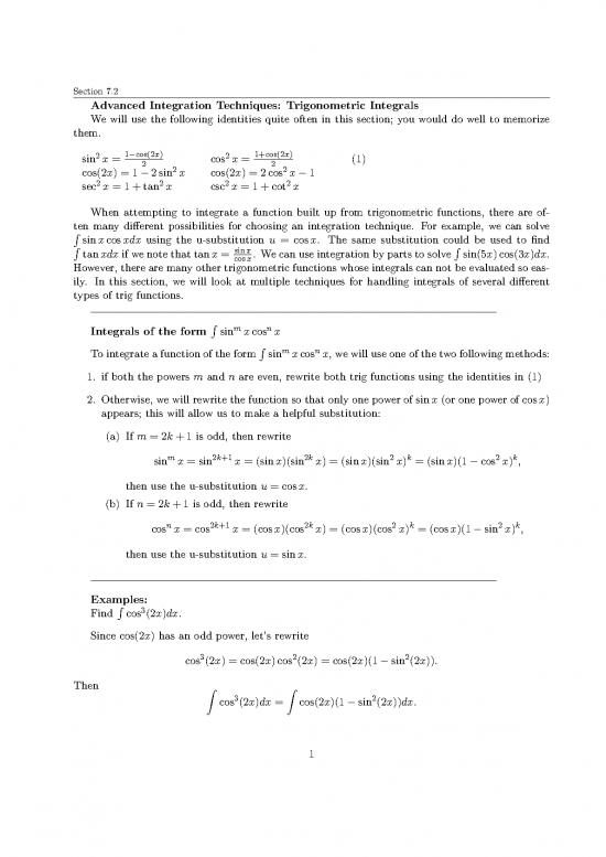 picture Integrals Of Trigonometric Functions Pdf 173403 | Section 7 2