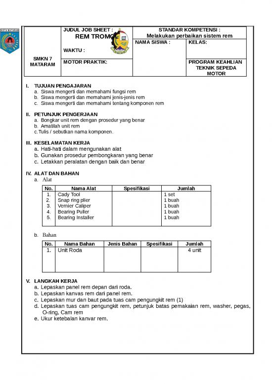 picture Jobsheet Rem Smk7 | Teknik Mesin - Rem Tromol Id 18267
