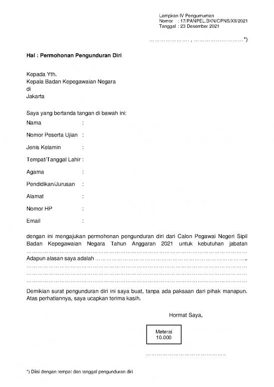 picture Lampiran Iv Format Surat Pengunduran Diri Cpns Bkn  2021 1 | File - Surat Pengunduran Diri Id 17029