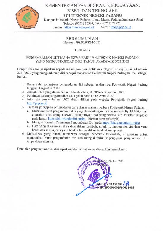 picture_Pengumuman Tentang Pengembalian Ukt Mahasiswa Baru Politeknik Negeri Padang Yang Mengundurkan Diri Ta 2021 2022