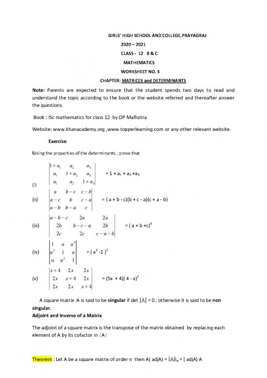 picture Matrices Pdf Book 174377 | Maths Class 12 B  C Worksheet N 5