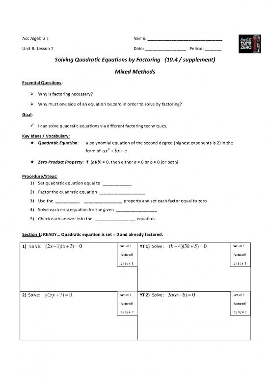 picture Solving Quadratic Equations Pdf 178498 | Acc Algebra 1   Unit 8   Lesson 7   Factoring   Solving Quadratics  Notes